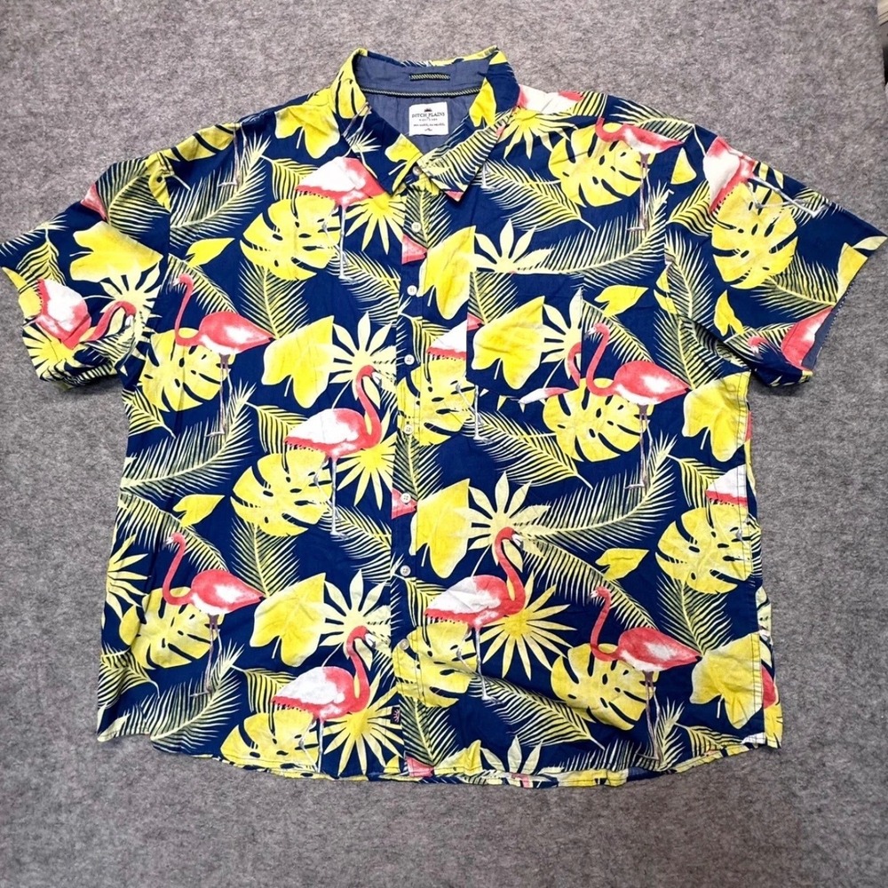 Ditch Plains Button Up Mens 4XL Flamingo Tropical 100% Cotton Navy Yellow Shirt